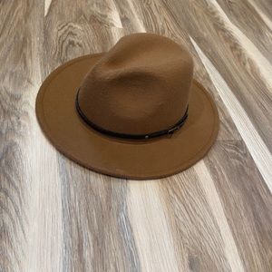 Brown wide brimmed fedora hat